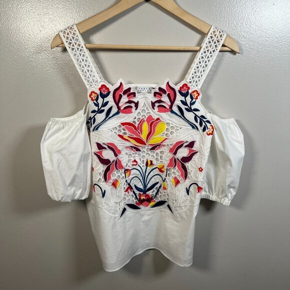 Tanya Taylor Marja Cold Shoulder Top Size 2 White Embroiderd Cut Out Vacation - Picture 2 of 9